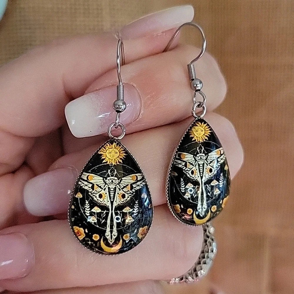 SUN & MOON TIGER MOTH DROP EARRINGS - Picture 4 of 7